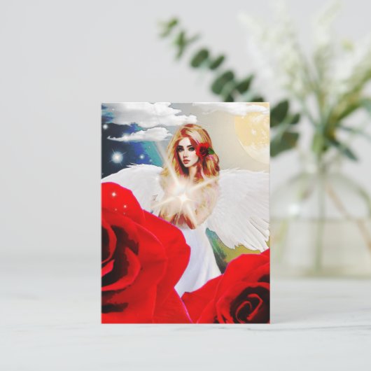 Angel Rote Rose Wings Moon Schöne Fantasy Kunst Postkarte (Stehend Vorderseite)