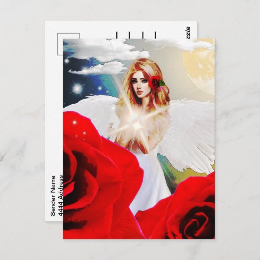 Angel Rote Rose Wings Moon Schöne Fantasy Kunst Postkarte (Vorne/Hinten)