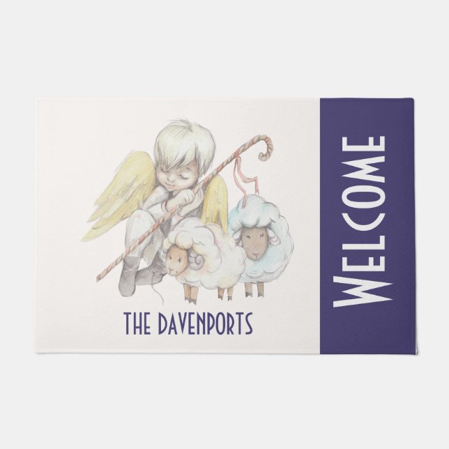 Angel Shepherd mit Lämmern Pastoral Willkommen Fußmatte (Vorderseite)