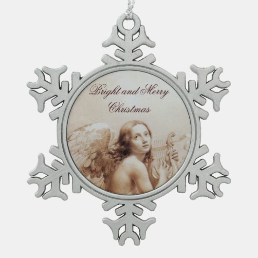 ANGEL SPIELEN LYRA ÜBER DIE KLOUDS Brown Schneeflocken Zinn-Ornament (Vorderseite)