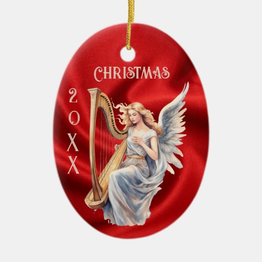 Angel spielt Harfe auf Red Silk Weihnachtsschmuck (Vorne)