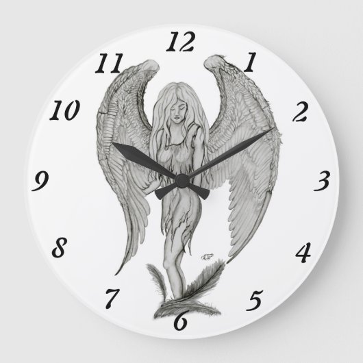 Angel , Stifterkunst , Schwarz-Weiß-Design Große Wanduhr (Vorderseite)
