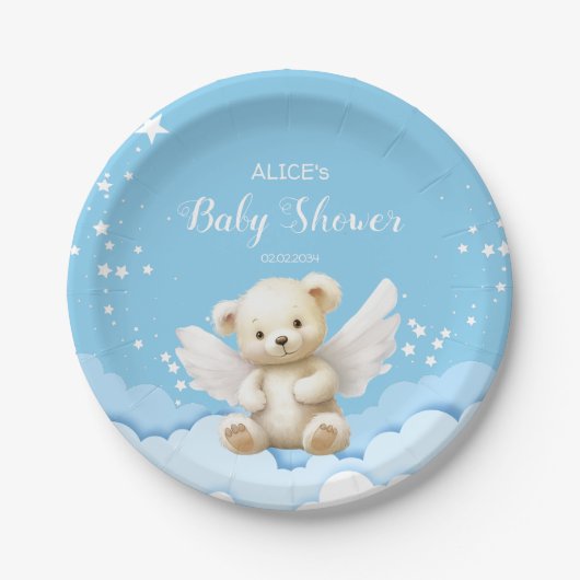 Angel Teddy Bear auf Clouds Baby Blue Pappteller (Vorderseite)