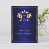 Angel-Wappen | Gold Royal Blue Luxury Einladung (Stehend Vorderseite)