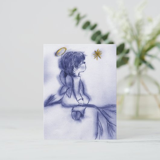 Angel will auf einem Stern - Blue Tint Postkarte (Stehend Vorderseite)