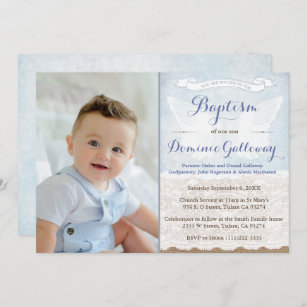 Angel Wings Burlap Lace Baby Boy Taufe Fotokarte Einladung