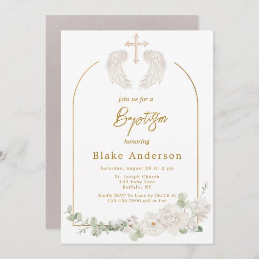 Angel Wings Cross Gold Baby Taufe Einladung (Vorne/Hinten)