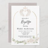 Angel Wings Cross Gold Baby Taufe Einladung (Vorne/Hinten)