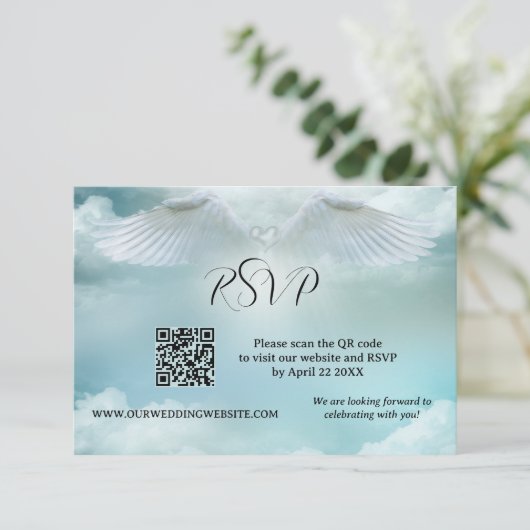 Angel Wings Dream Cloud QR Code Wedding RSVP Card Einladung (Stehend Vorderseite)
