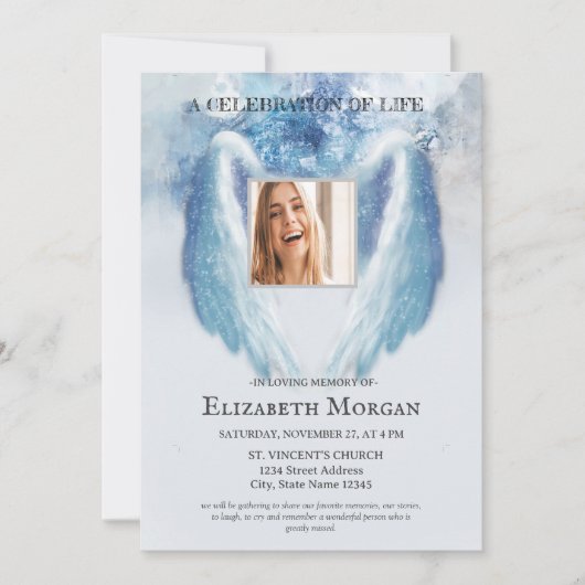 Angel Wings Foto Blaue Feier des Lebens Einladung (Vorderseite)