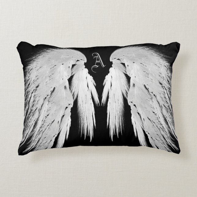 ANGEL WINGS Gray Touched Feathers Custom Monogram Zierkissen (Vorderseite)