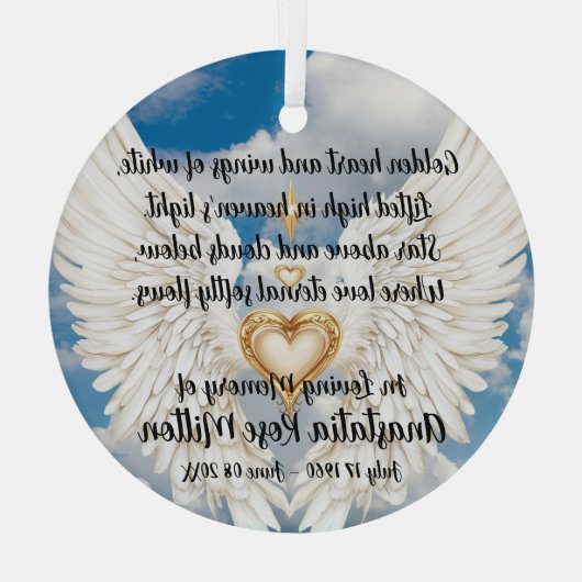 Angel Wings Memorial Design with Golden Heart Ornament Aus Glas (Rückseite)