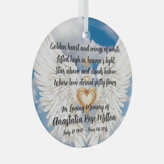 Angel Wings Memorial Design with Golden Heart  Ornament Aus Glas (Vorderseite Rechts)