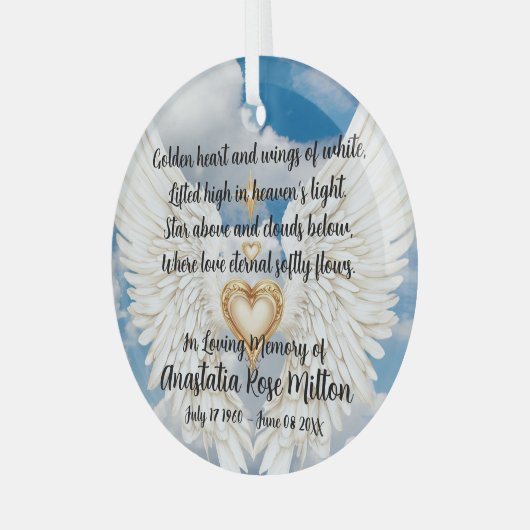 Angel Wings Memorial Design with Golden Heart Ornament Aus Glas (Vorderseite links)