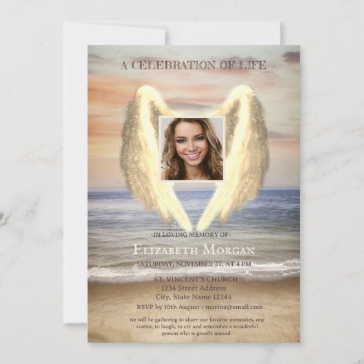 Angel Wings Ocean Beach Foto Feier des Lebens Einladung (Vorderseite)