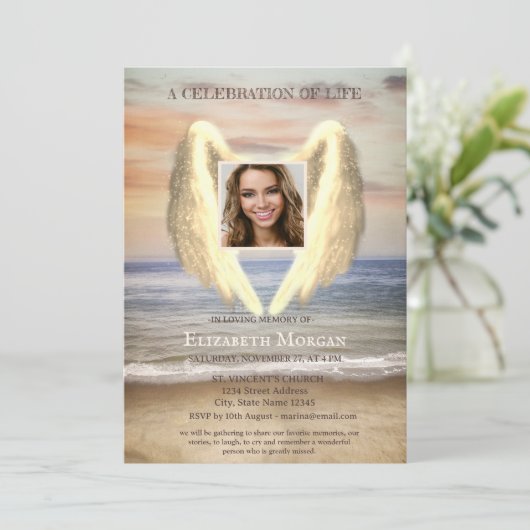 Angel Wings Ocean Beach Foto Feier des Lebens Einladung (Stehend Vorderseite)