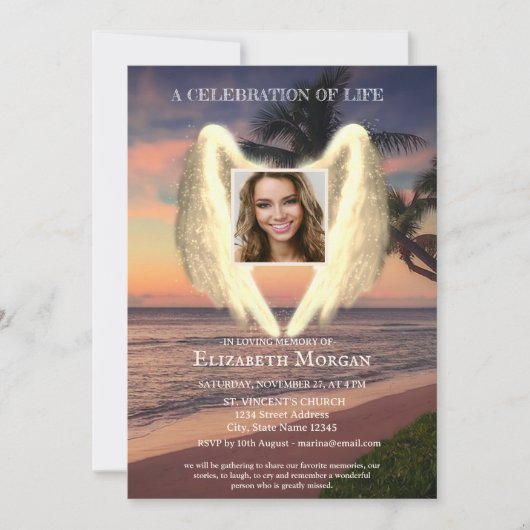 Angel Wings Palm Sunset Foto Feier des Lebens Einladung (Vorderseite)