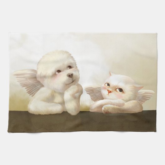 Angelic Dog und Cat on Cloud Geschirrtuch (Horizontal)