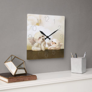 Angelic Dog und Cat on Cloud Quadratische Wanduhr
