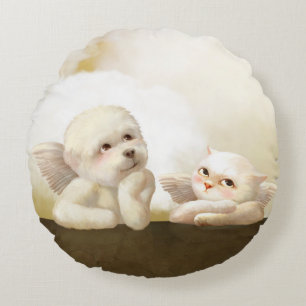 Angelic Dog und Cat on Cloud Rundes Kissen