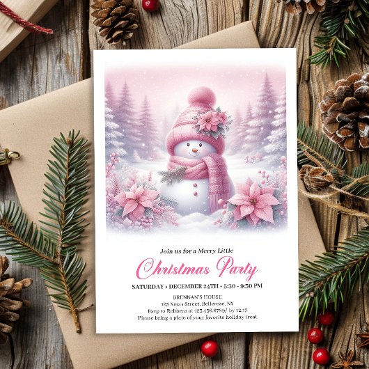 Angelic Pink Snowman Digital Christmas Invitation Einladung