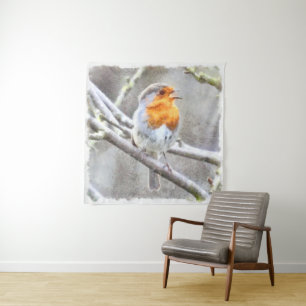 Angelic Robin Watercolor Wandteppich