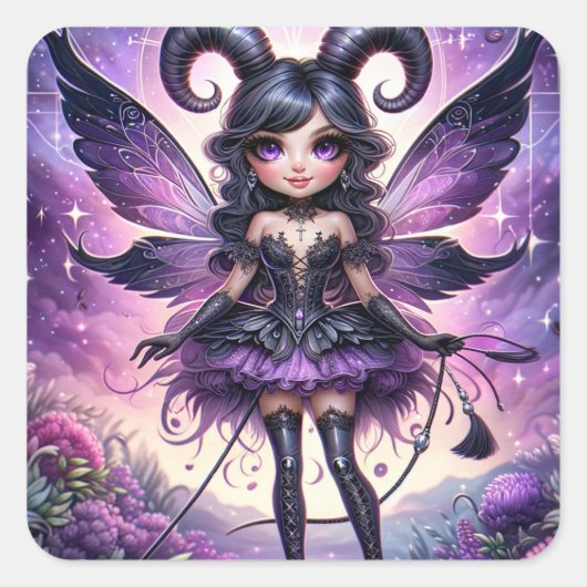 Angelina Lila Gothic Fairy Scorpio Horns Zodiac Quadratischer Aufkleber (Vorderseite)