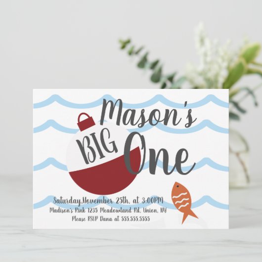 Angelköder verwandeln einen Fischmeer zum Geburtst Einladung (Stehend Vorderseite)