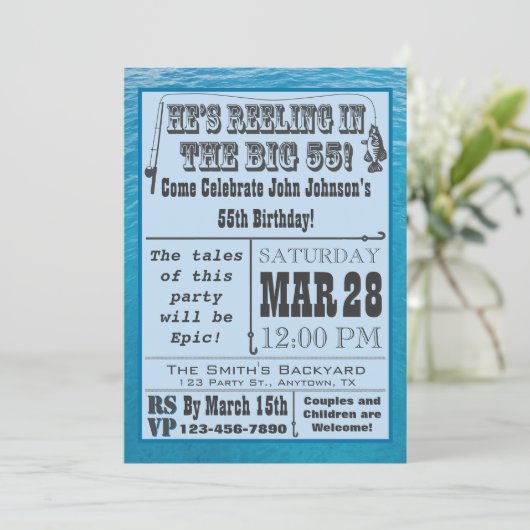 Angeln 55. Geburtstag Einladung mit Wasser (Stehend Vorderseite)