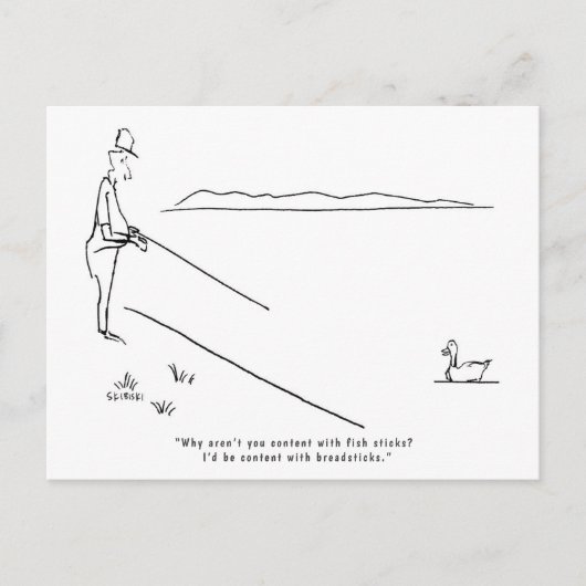 Angeln auf Postkarte mit See, Fischer und Ente (Vorderseite)