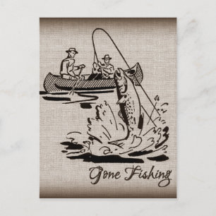 Angeln gegangen Vintage-Canoe-Kajak-Fisch auf Jute Postkarte