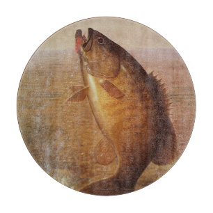 Angeln im Vintage-Stil, springender Kleinmäuliger  Schneidebrett