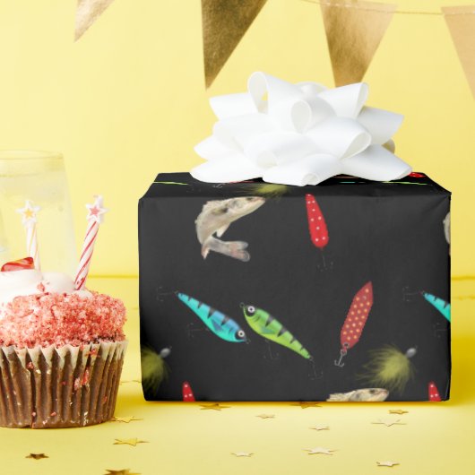 Angeln Köder Mit Fisch Auf Schwarz Geschenkpapier (Geburtstagsparty)