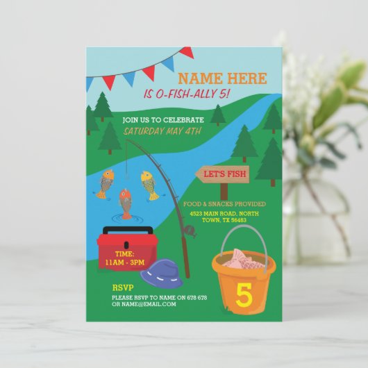 Angeln Let's Fish BIRTHDAY PARTY Lake Rod laden ei Einladung (Stehend Vorderseite)