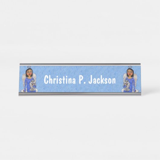 Angels Holding White Cat Angels on Cloud Blue Schreibtischnamensplakette (Vorderseite )