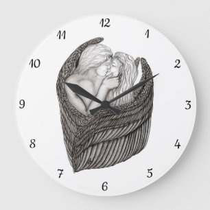 Angels Kissing , black and white Design Große Wanduhr