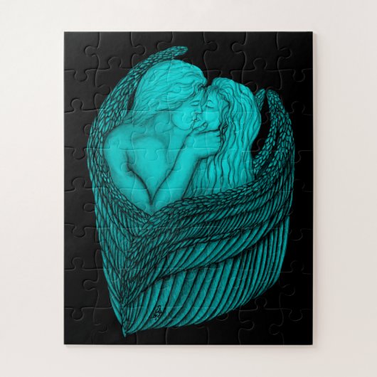 Angels Kissing , Schwarz-Grün-Design Puzzle (Vertikal)