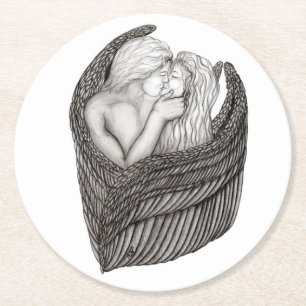 Angels Kissing , Schwarz-Weiß-Design Runder Pappuntersetzer