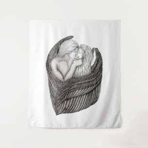 Angels Kissing , Schwarz-Weiß-Design Wandteppich