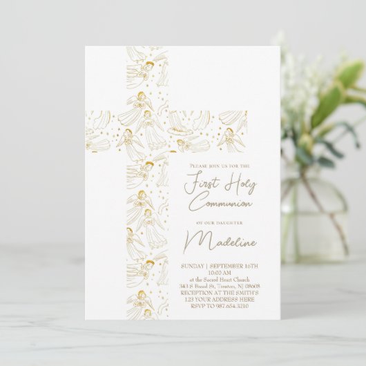 angels pattern cross First Holy Communion Einladung (Stehend Vorderseite)