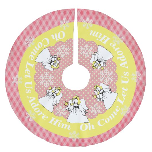 Angels Pink Yellow Lasse uns Adore Him Tree Skirt Polyester Weihnachtsbaumdecke (Vorderseite)