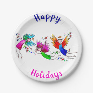Angels Red Green and Blue Happy Spirits Watercolor Pappteller