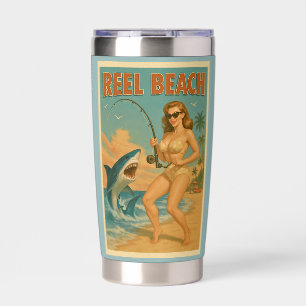 Angelschnur-Strand-Hai-Angeln Pin-Up Retro-Küstenk Thermobecher