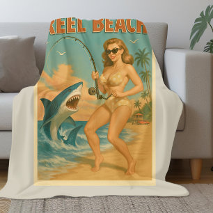 Angelschnur-Strand-Hai-Angeln-Pin-Up-Retro-Küstenl Fleecedecke