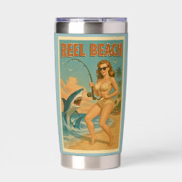Angelschnur-Strand-Hai-Fischerei-Pin-Up-Retro-Küst Thermobecher
