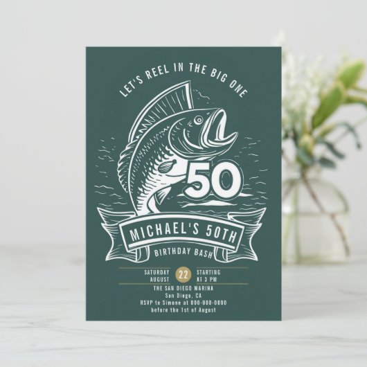 Angelthema Big Bass Reel Aquamarin Männer 50. Gebu Einladung (Stehend Vorderseite)