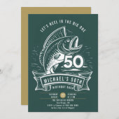 Angelthema Big Bass Reel Aquamarin Männer 50. Gebu Einladung (Vorne/Hinten)