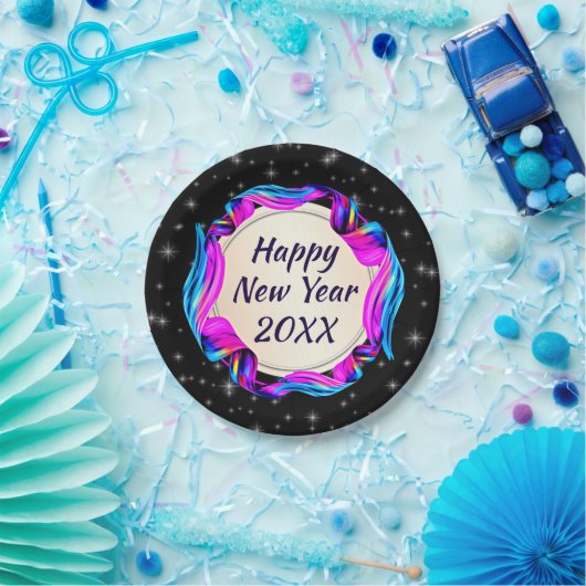 Angemalt Ribbon am nächtlichen Himmel Happy New Ye Pappteller (Party)