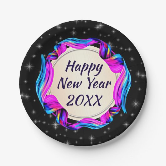 Angemalt Ribbon am nächtlichen Himmel Happy New Ye Pappteller (Vorderseite)