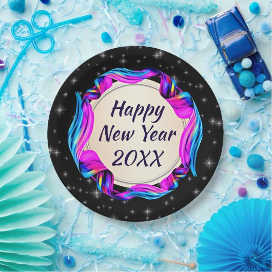 Angemalt Ribbon am nächtlichen Himmel Happy New Ye Pappteller (Party)